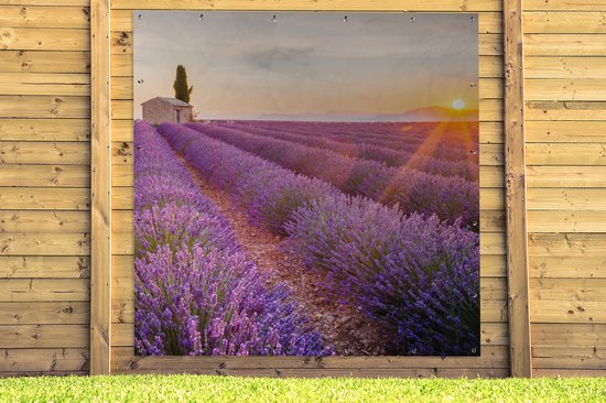 Affiche de jardin lavande - Coucher de soleil - Fleurs - Violet - Toile de jardin - Toile de clôture - Peinture jardin extérieur - Décoration clôture - 200x200 cm - Décoration de jardin - Jardin - Poster extérieur