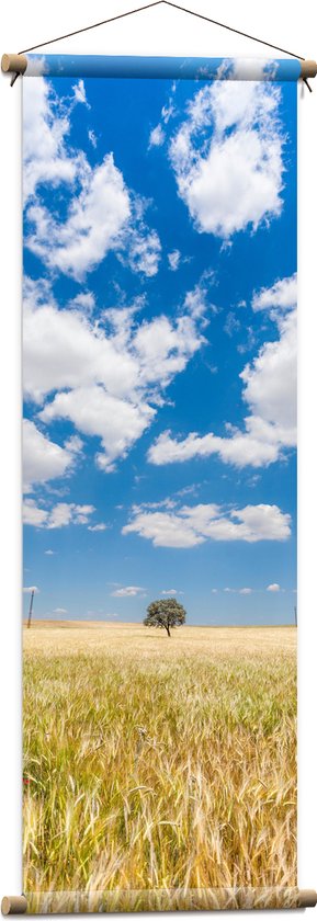 WallClassics - Textielposter - Witte Schapenwolken boven Graslandschap - 40x120 cm Foto op Textiel