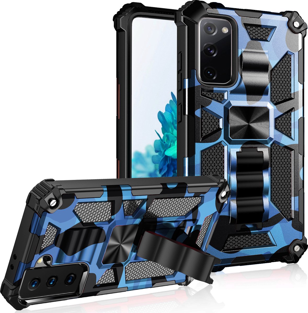 Samsung S20 FE hoesje rugged extreme backcover met kickstand Camouflage - Blauw