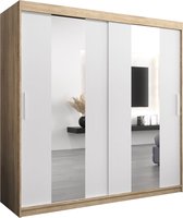 InspireMe - Kledingkast met 2 schuifdeuren, Modern-stijl, Een kledingkast met planken en een spiegel (BxHxD): 200x200x62 - DANCE 200 Sonoma Eik + Wit Mat