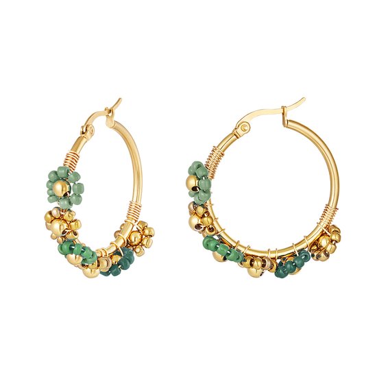 Yehwang - Oorbellen - flowerpower beads earrings - groen - green - goud - stainless steel