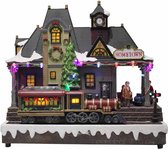 Gare de Kristmar - Train de Noël avec son et lumière - Train en mouvement pour village de Noël - Éclairage LED - Adaptateur inclus - L32xW16xH30 cm - Plastique - Multicolore