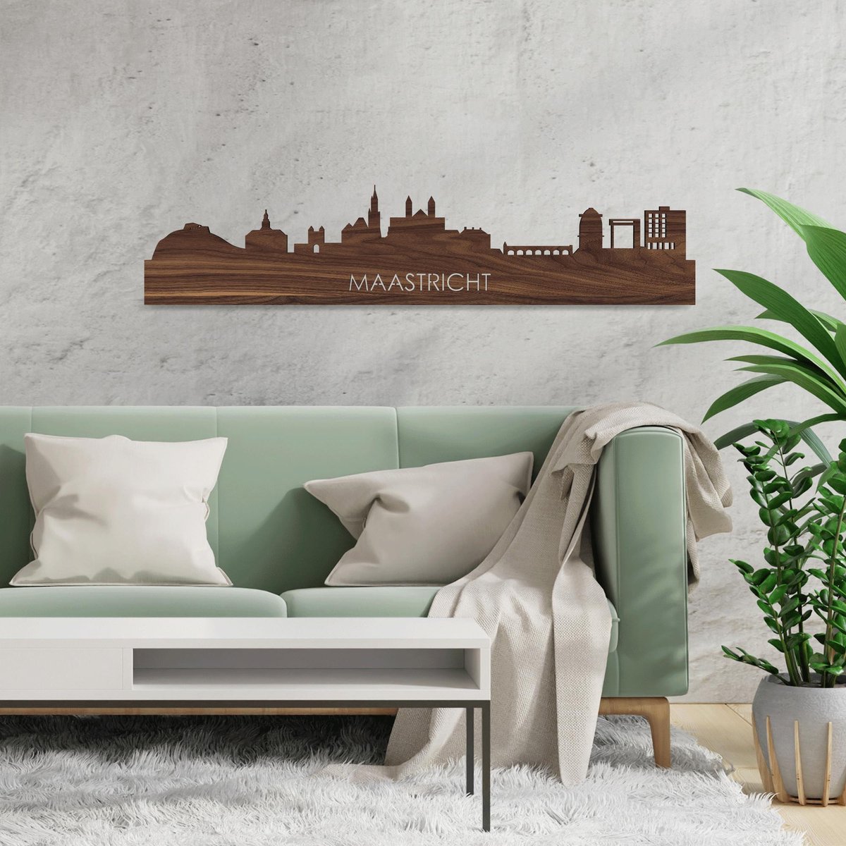 Skyline Maastricht Notenhout - 80 cm - Woondecoratie - Wanddecoratie - Meer steden beschikbaar - Woonkamer idee - City Art - Steden kunst - Cadeau voor hem - Cadeau voor haar - Jubileum - Trouwerij - WoodWideCities
