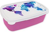 Broodtrommel Roze - Lunchbox - Brooddoos - Wereldkaart - Waterverf - Paars - Kinderen - Jongens - Meisjes - 18x12x6 cm - Kinderen - Meisje