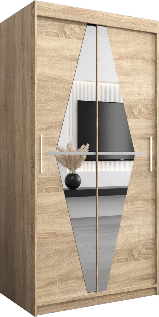 InspireME Kledingkast met 2 schuifdeuren, Modern-stijl, Een kledingkast met planken en een spiegel (BxHxD): 100x200x62 - BOLA 100 Sonoma Eik