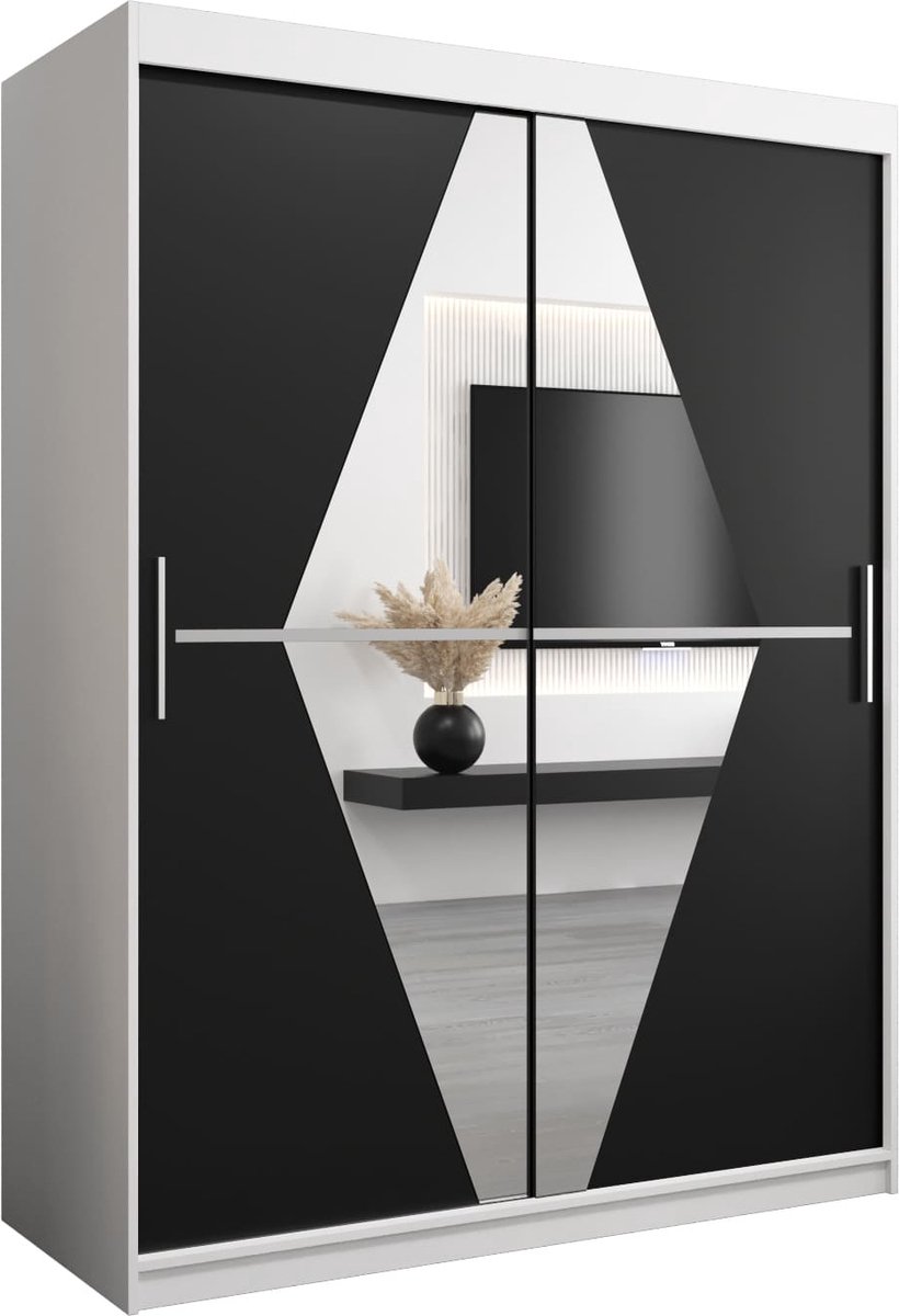 InspireME Kledingkast met 2 schuifdeuren, Modern-stijl, Een kledingkast met planken en een spiegel (BxHxD): 150x200x62 - BOLA 150 Wit Mat + Zwart