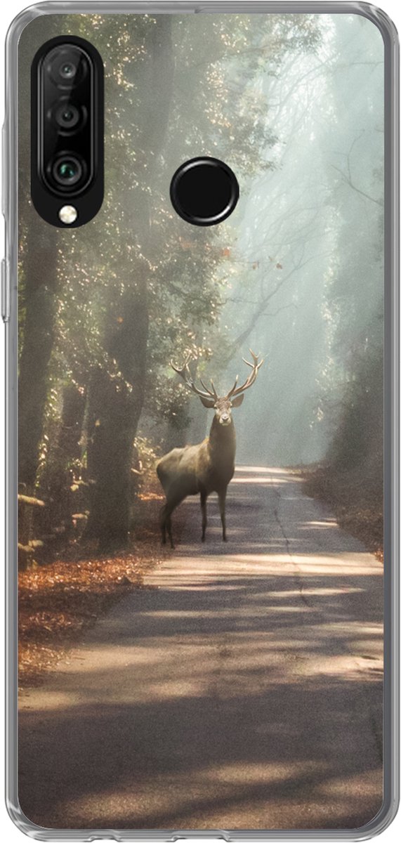 Telefoonhoesje Geschikt voor Huawei P30 Lite hoesje - Hert - Bos - Zonnestralen - Siliconen Telefoonhoesje Telefoonhoesje
