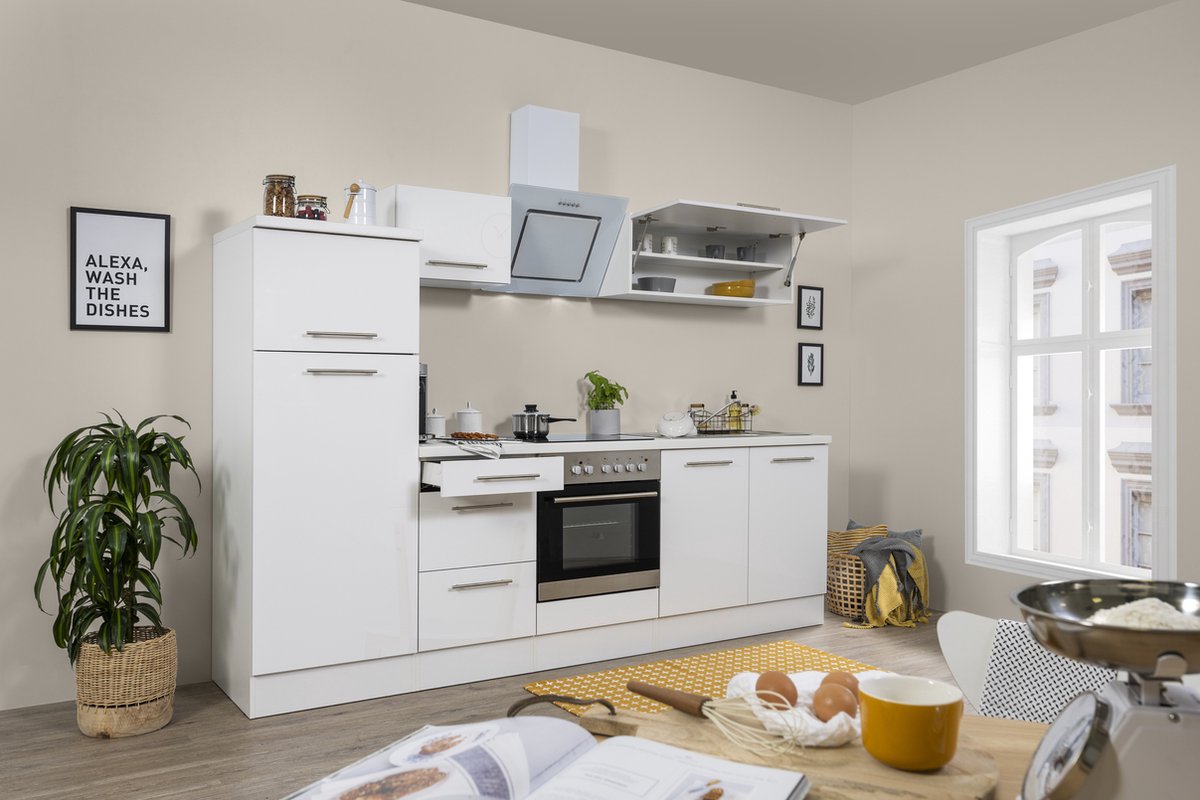 Goedkope keuken 270 cm - complete keuken met apparatuur Amanda - Wit/Wit - soft close - keramische kookplaat - afzuigkap - spoelbak