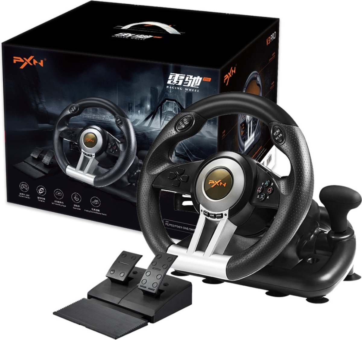 PNX V3 Pro Race Stuur - Dual Force Feedback - Driving Force Racestuur - Game Stuur geschikt voor PS4, Xbox One, Xbox Series, Nintendo Switch & PC - Wit