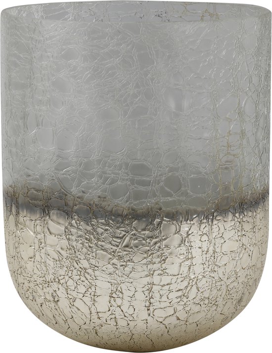 PTMD Lezz windlicht vaas craquelé glas met zilver gespoten onderzijde L - Lezz Silver half cracked glas vase round low L