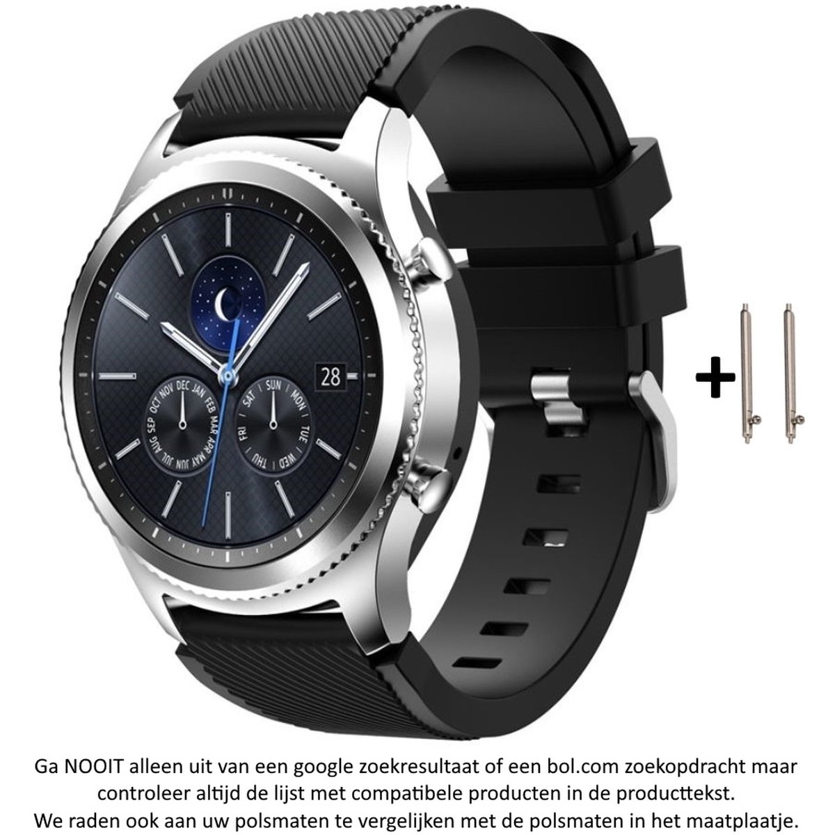 Zwart Siliconen Bandje geschikt voor 22mm Smartwatches (zie compatibele modellen) van Samsung, LG, Seiko, Asus, Pebble, Huawei, Cookoo, Vostok en Vector - 22 mm rubber smartwatch strap - Gear S3 - LG Watch