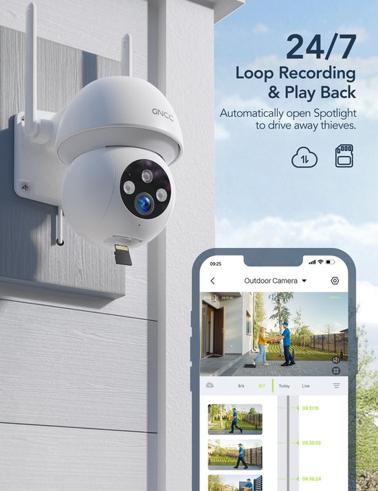 GNCC GK1Pro Bewakingscamera voor Buiten - 2K IP-Camera's - Wifi en app - PTZ 360° - Waterdicht (IP66) - 2-Weg Audio - Wit