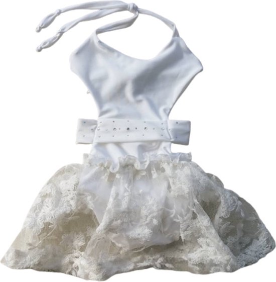 Maat 134 Luxe Badpak Monokini zwemkleding Wit met steentjes badkleding tule rok voor baby en kind zwem kleding