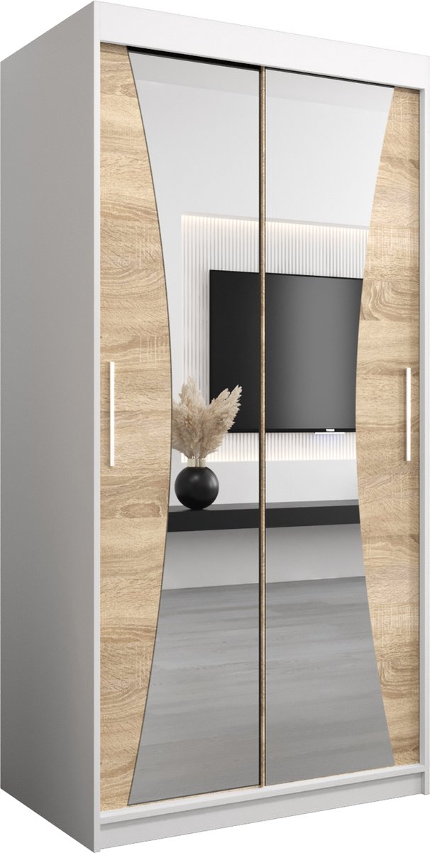 InspireMe - Kledingkast met 2 schuifdeuren, Modern-stijl, Kledingkast met planken (BxHxD): 100x200x62 - MEGRA 100 Wit Mat + Sonoma Eik