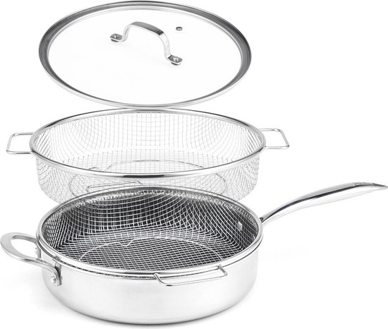 LIVINGTON Titan Pan - gecoate roestvrijstalen pan 28 cm met diamanten antiaanbaklaag - ovenvaste hoge pan voor alle soorten fornuizen