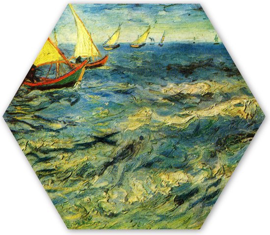 Hexagon wanddecoratie - Kunststof Wanddecoratie - Hexagon Schilderij - Vissersboten op zee - Vincent van Gogh - 120x103 cm