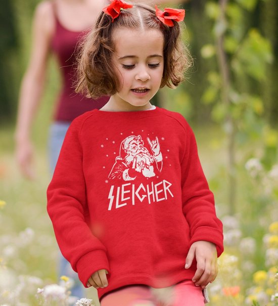 Foute Kersttrui Rood Kind - Sleigher Kerstman (7-8 jaar - MAAT 122/128) - Kerstkleding voor jongens & meisjes