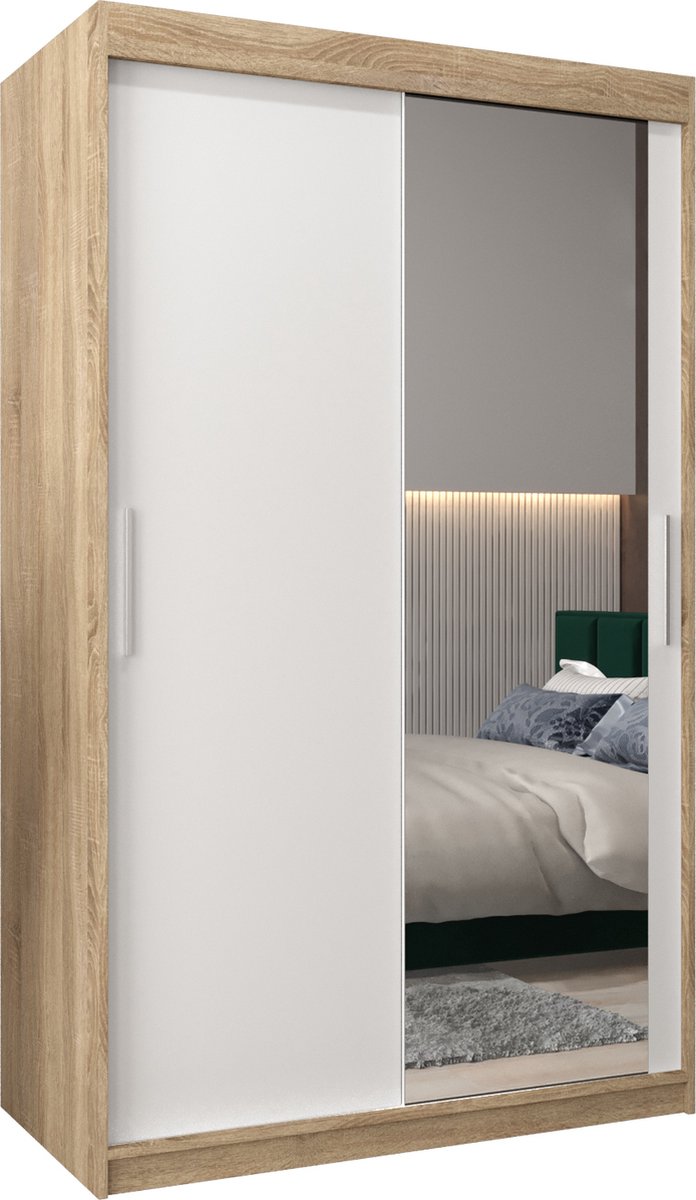 InspireME Kledingkast met 2 schuifdeuren, Modern-stijl, Kledingkast met planken (BxHxD): 120x200x62 - TORM II 120 Sonoma Eik + Wit Mat