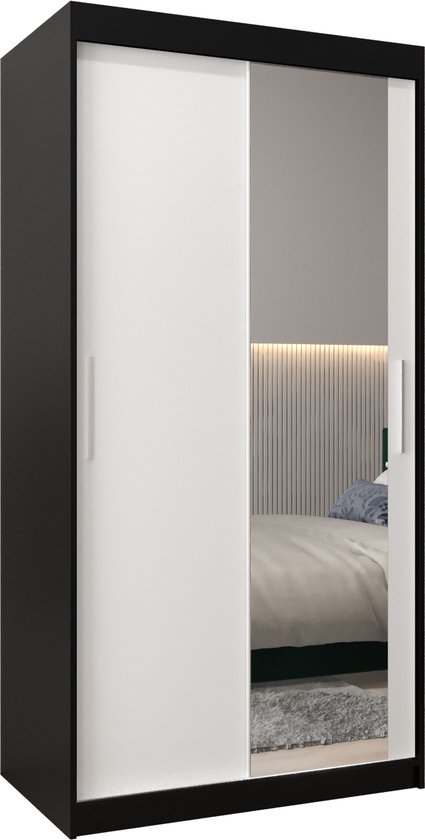 InspireMe - Kledingkast met 2 schuifdeuren, Modern-stijl, Kledingkast met planken (BxHxD): 100x200x62 - TORM II 100 Zwart Mat + Wit Mat