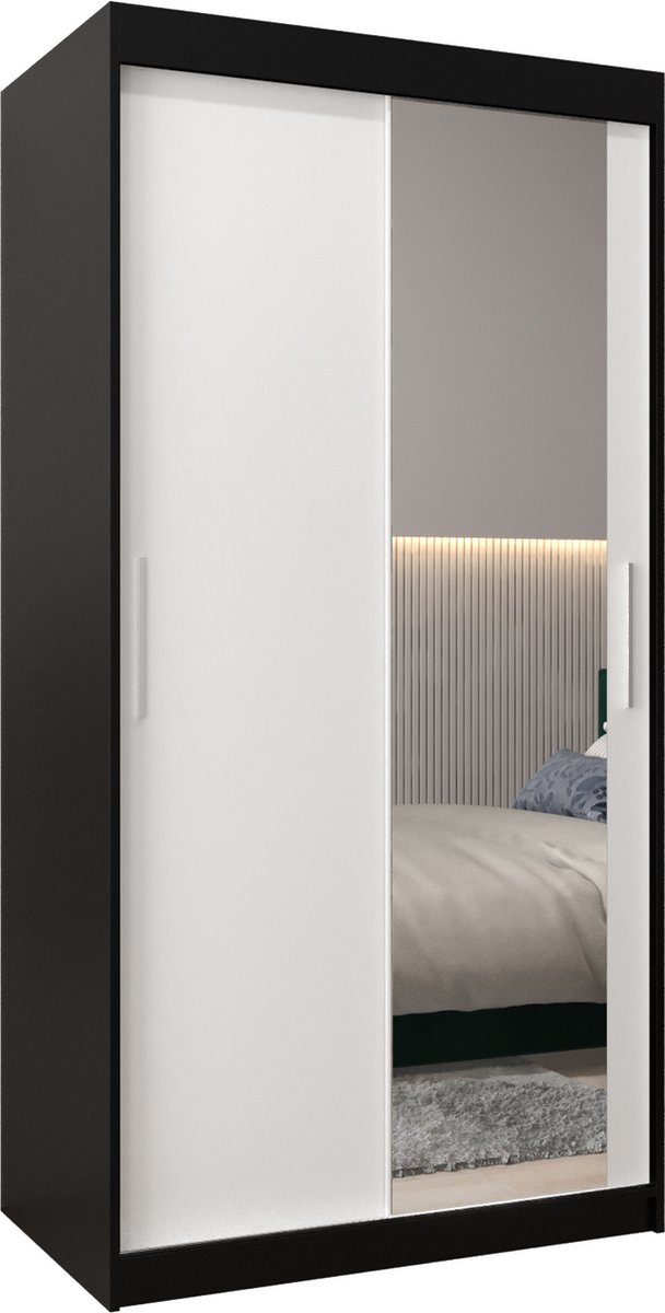 InspireME Kledingkast met 2 schuifdeuren, Modern-stijl, Kledingkast met planken (BxHxD): 100x200x62 - TORM II 100 Zwart Mat + Wit Mat