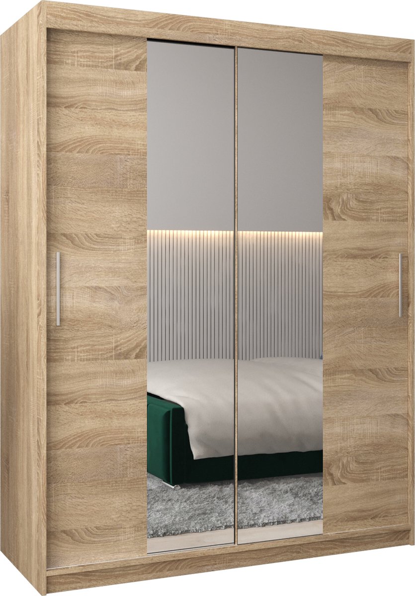 InspireME Kledingkast met 2 schuifdeuren, Modern-stijl, Kledingkast met planken (BxHxD): 150x200x62 - TORM I 150 Sonoma Eik met 2 lades
