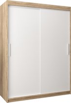 InspireMe - Kledingkast met 2 schuifdeuren, Modern-stijl, Kledingkast met planken (BxHxD): 150x200x62 - TORM 150 Sonoma Eik + Wit Mat