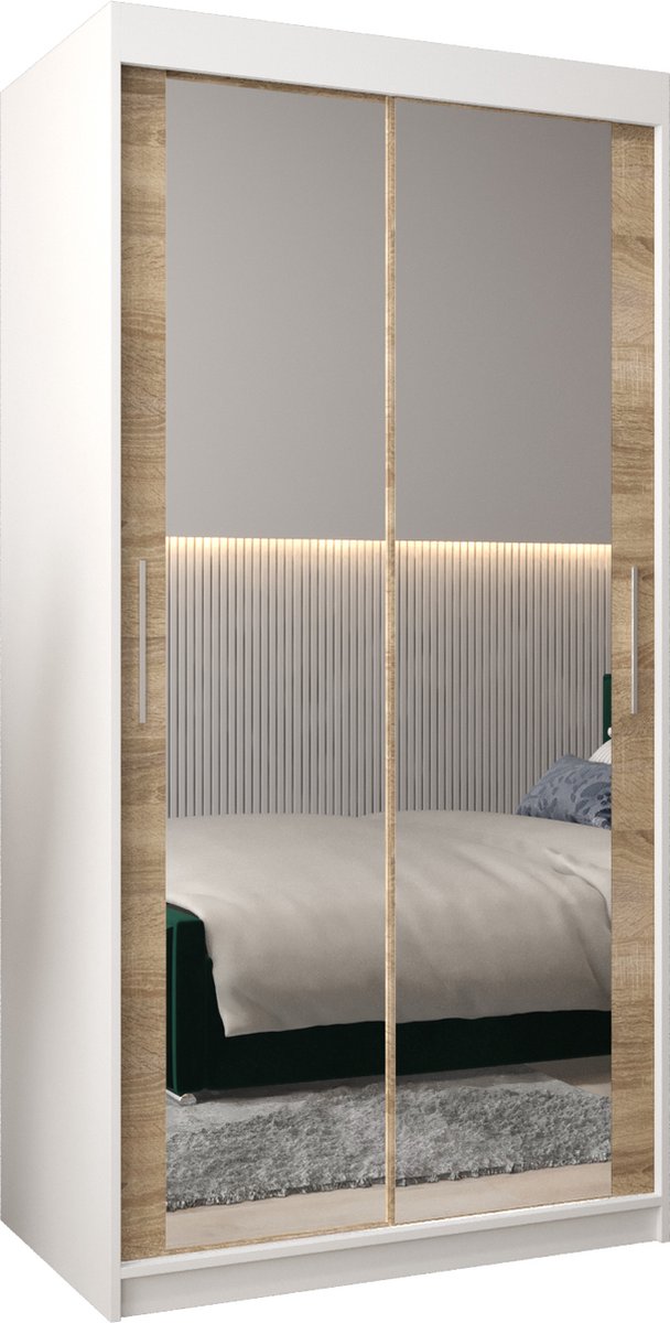 InspireME Kledingkast met 2 schuifdeuren, Modern-stijl, Kledingkast met planken (BxHxD): 100x200x62 - TORM III 100 Wit Mat + Sonoma Eik met 2 lades