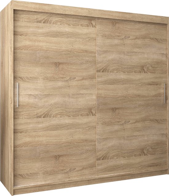 Kast met twee schuifdeuren in Sonoma eikenlook, met handgrepen, op een witte achtergrond.