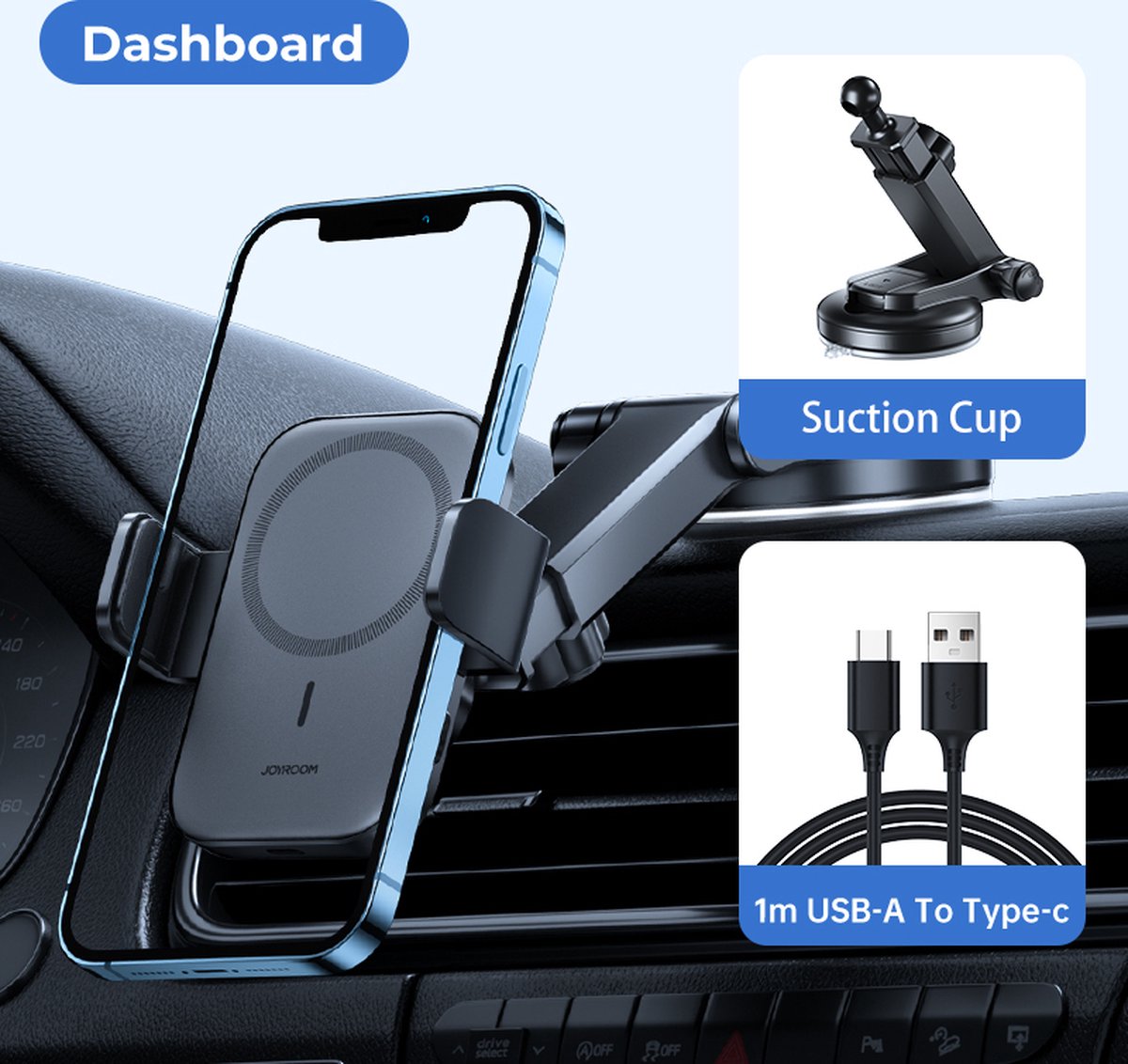Magnetische draadloze oplader Dashboard autohouder 15 W - Zwart - Geschikt voor iPhone 12, 13 en 14 modellen