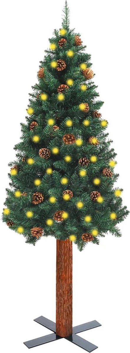 Prolenta Premium - Kerstboom met LED's en hout en dennenappels smal 150 cm groen