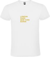T-Shirt Wit avec Image « LONDRES, PARIS, NEW YORK, VOISINS » Or Taille XXXL