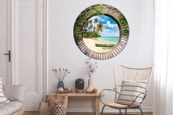 WallCircle - Cercle Mural - Cercle Mural - Plage - Palmier - Transparent - Canoë - Aluminium - Dibond - 120x120 cm - Intérieur et Extérieur XXL