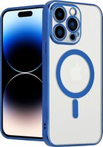 ShieldCase geschikt voor Apple iPhone 14 Pro hoesje transparant Magneet metal coating - donkerblauw - Backcover case doorzichtig - Shockproof hoesje - Met oplaad ring