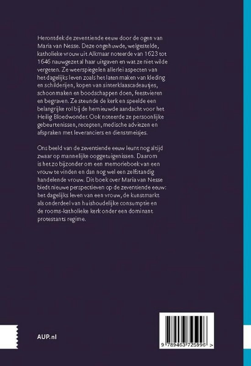 Achterkant boek met tekst over Maria van Nesse en haar memorieboek, ISBN en AUP.nl.