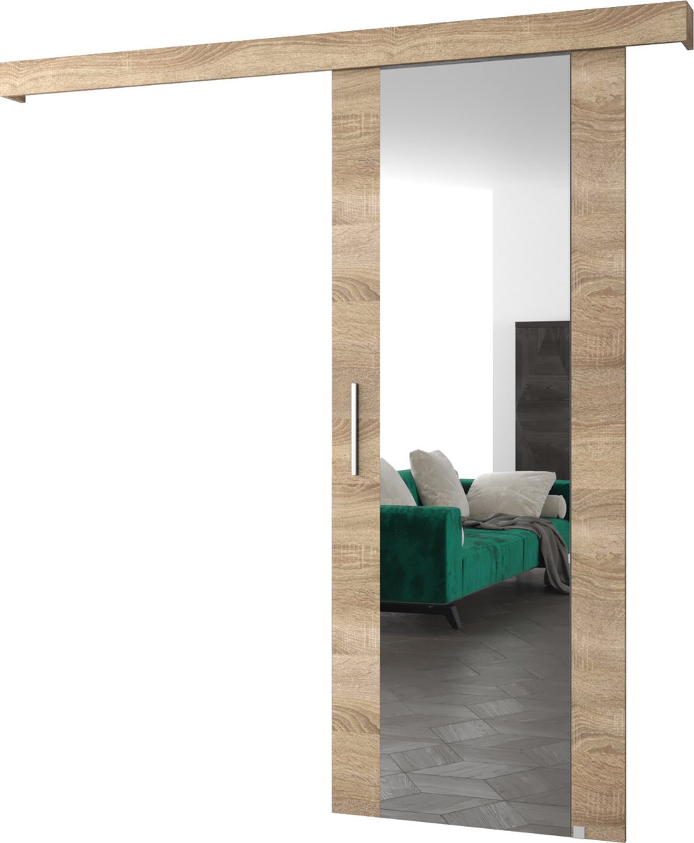 InspireMe - Schuifdeursysteem met rail en spiegel - 90x204cm - AGRA II - Sonoma Eik + Zilver Handvat