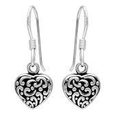 Zilveren oorbellen | Hangers | Zilveren oorhangers, geoxideerd hart met sierlijke details