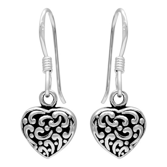 Zilveren oorbellen | Hangers | Zilveren oorhangers, geoxideerd hart met sierlijke details