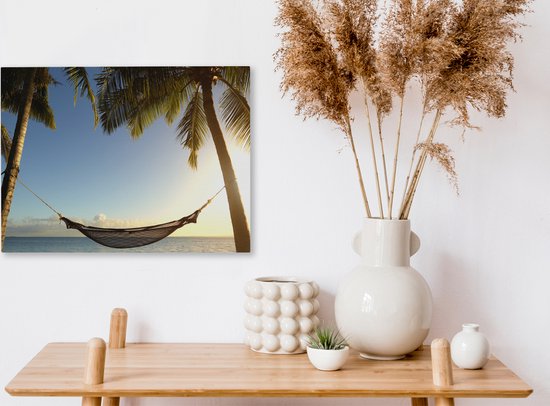 Hamac entre palmiers plage tropicale Toile 30x20 cm - petit - Tirage photo sur toile (Décoration murale salon / chambre) / Mer et plage