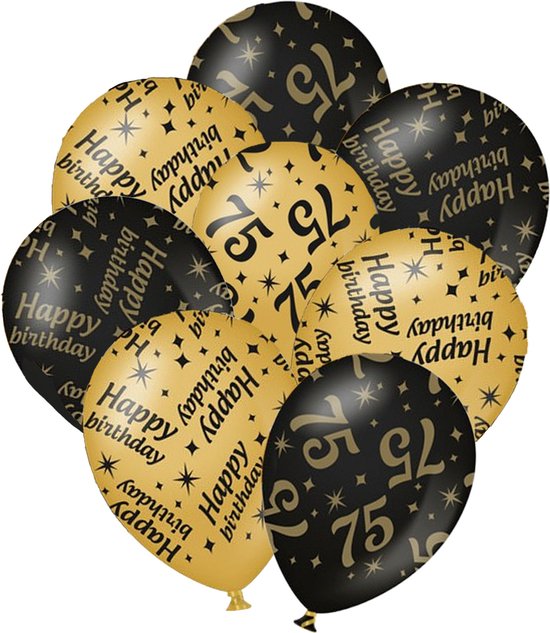 Verjaardag ballonnen - 75 jaar en happy birthday 24x stuks zwart/goud