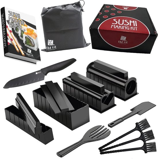The Kit Company? Sushi Making Kit | 15 stuks Equipment & Tools inc Gedetailleerd ebook | Professioneel sushimes, spatel met draagtas