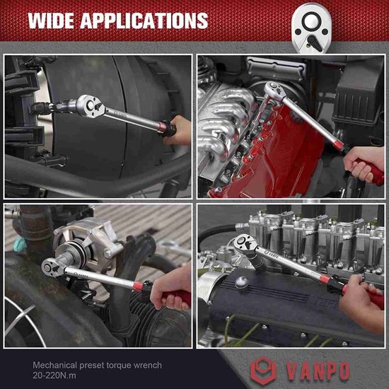 VANPO Clé dynamométrique 1/2 pouce, clé dynamométrique 20-220 Nm, outil de  clé à pneu