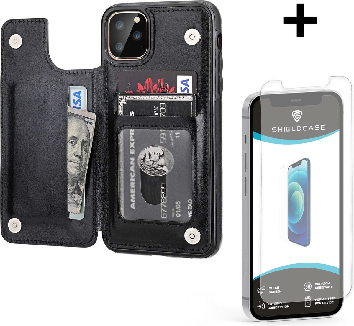 ShieldCase Wallet case geschikt voor Apple iPhone 12 Pro Max 6.7 - inch - zwart + glazen Screen Protector