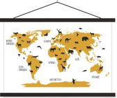 Wereldkaart kinderkamer dieren schoolplaat platte latten zwart 60x40 cm - Foto print op textielposter (wanddecoratie woonkamer/slaapkamer)