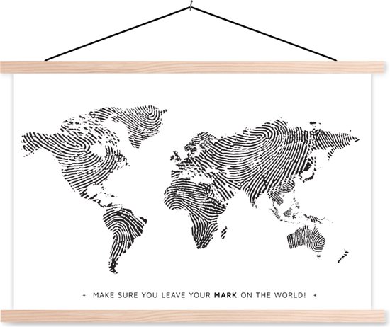Wereldkaart vingerafdruk zwart wit met tekst schoolplaat platte latten blank 150x100 cm - Foto print op textielposter (wanddecoratie woonkamer/slaapkamer)