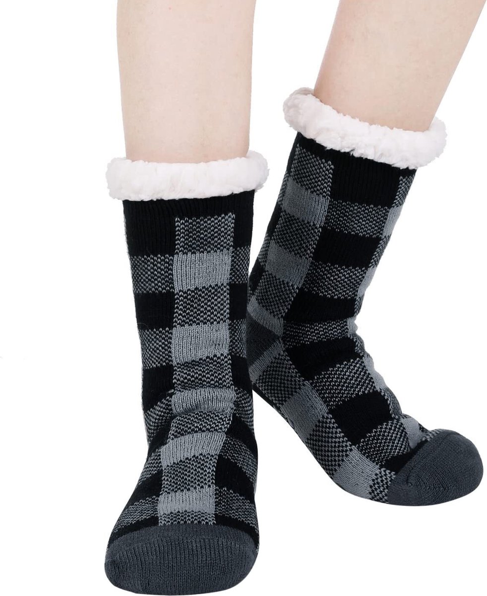 JAXY - Huissokken Dames - Verwarmde Sokken - Anti Slip Sokken - Huissokken - Bedsokken - Warme Sokken - Kerstcadeau Voor Vrouwen - Thermosokken - Dikke Sokken - Fluffy Sokken - Kerstsokken Dames en Heren - Patroon Zwart