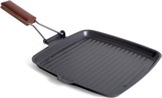 Zwarte grillpan 26 cm met anti-aanbak laag en houten handvat - Grillpannen - Koekenpannen - grillrooster