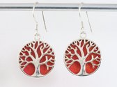 Boucles d'oreilles rondes en argent avec arbre de vie sur pierre de corail rouge