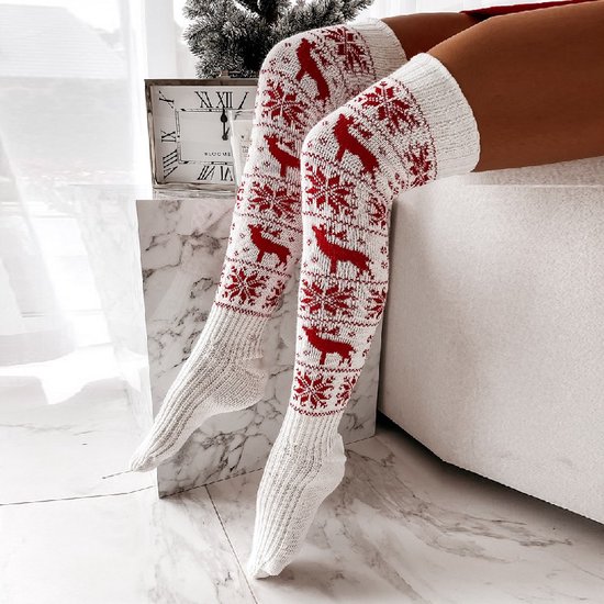 Lange winter sokken - 100% Katoen - maat 36-40 - boven de knie - Wit/Rood  -... | bol.com