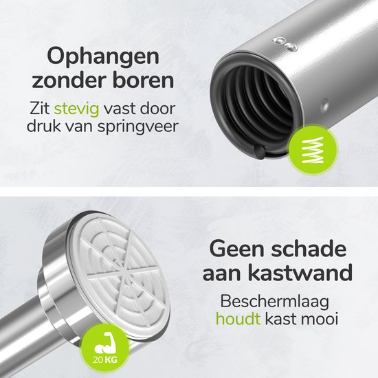 Close-up van de kledingroede met interne veer en een detail van de rubberen beschermkap. Tekst: 'Ophangen zonder boren', 'Zit stevig vast door druk van springveer', 'Geen schade aan kastwand'.