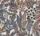 BLADEREN BEHANG | Botanisch - blauw oranje zwart wit - A.S. Création Antigua